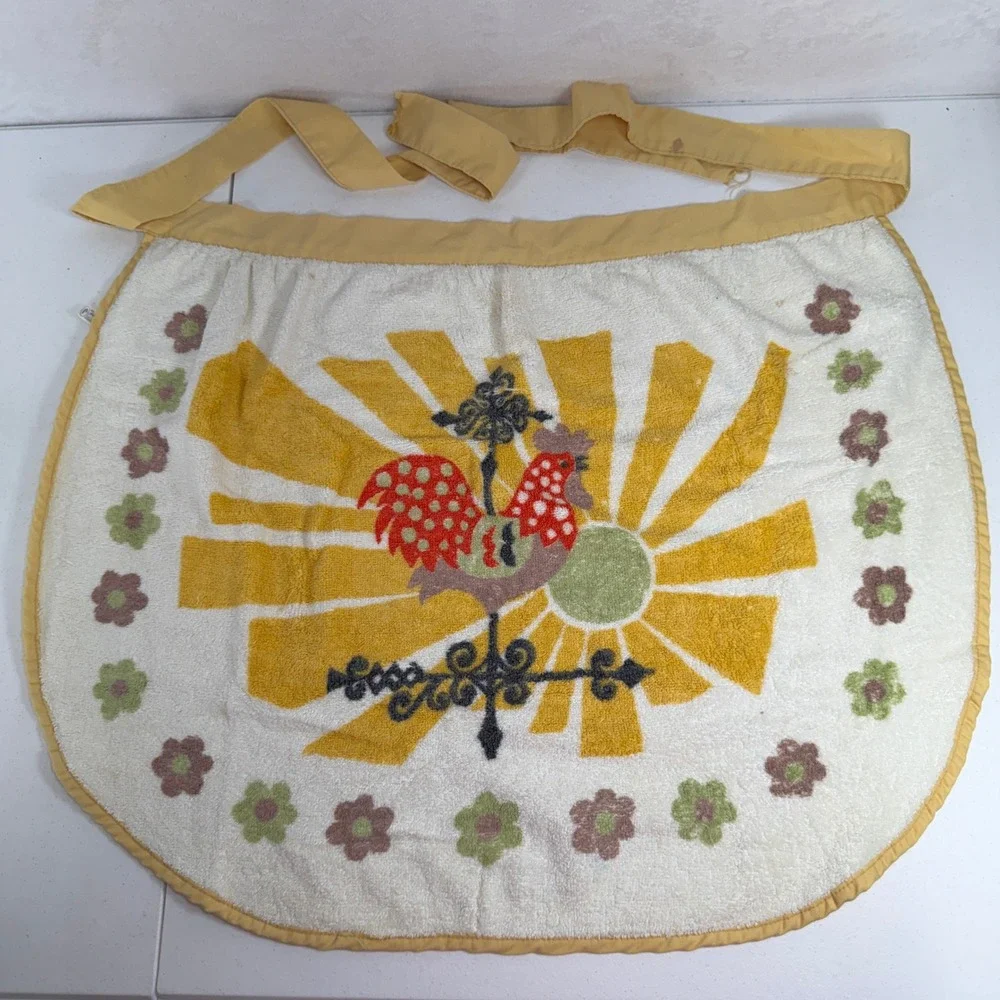 Fashion Manor Half Apron Vintage Rooster Sunburst Terry Cloth Retro Farmhouse